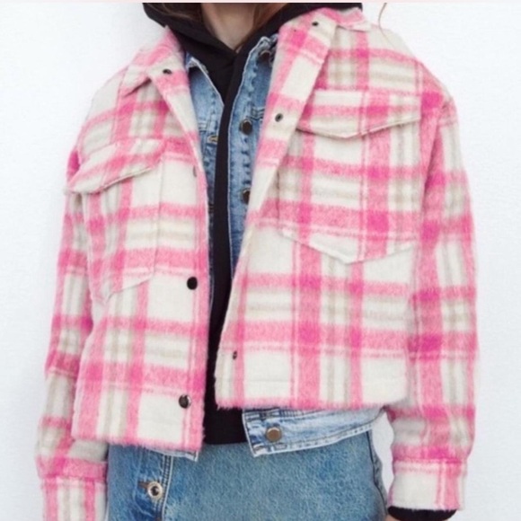 Zara Pink and Cream Plaid Teddy Jacket - Picture 2 of 4